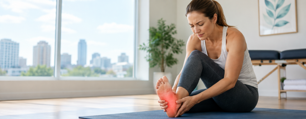 Person suffering from plantar fasciitis and seeking foot pain relief in Charlotte NC