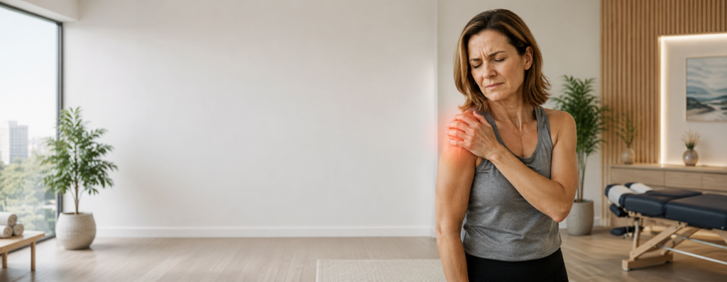Person suffering from shoulder pain while looking for pain relief in Charlotte NC